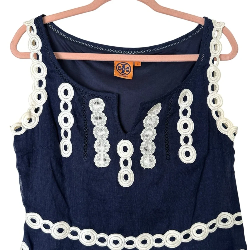 TORY‎ BURCH Linen Dress Navy Blue White Appliqué Eyelet Resort Coastal Chic Sz 6